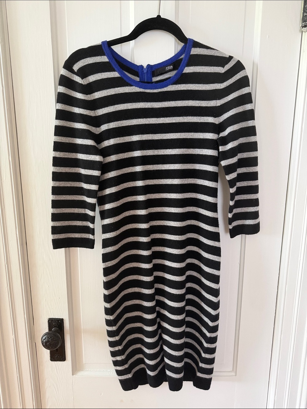 Aqua | Dresses | Aqua Black And Gray Striped Midi Dress With Blue Trim